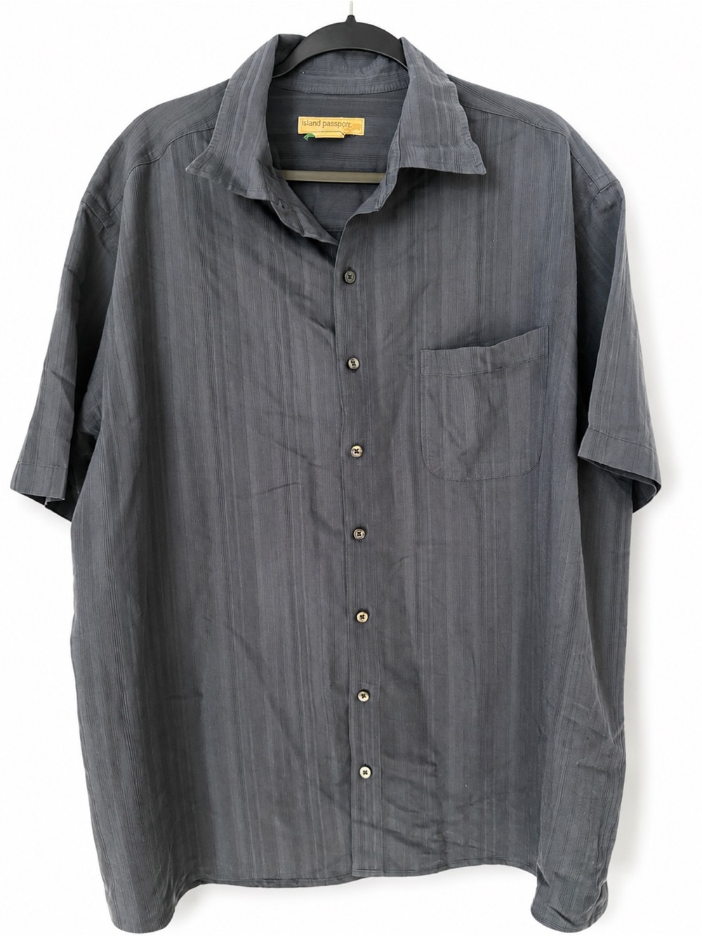 Island Passport Men Navy Blue Textured Button Front Short Sleeve Shirt Rayon 1XL